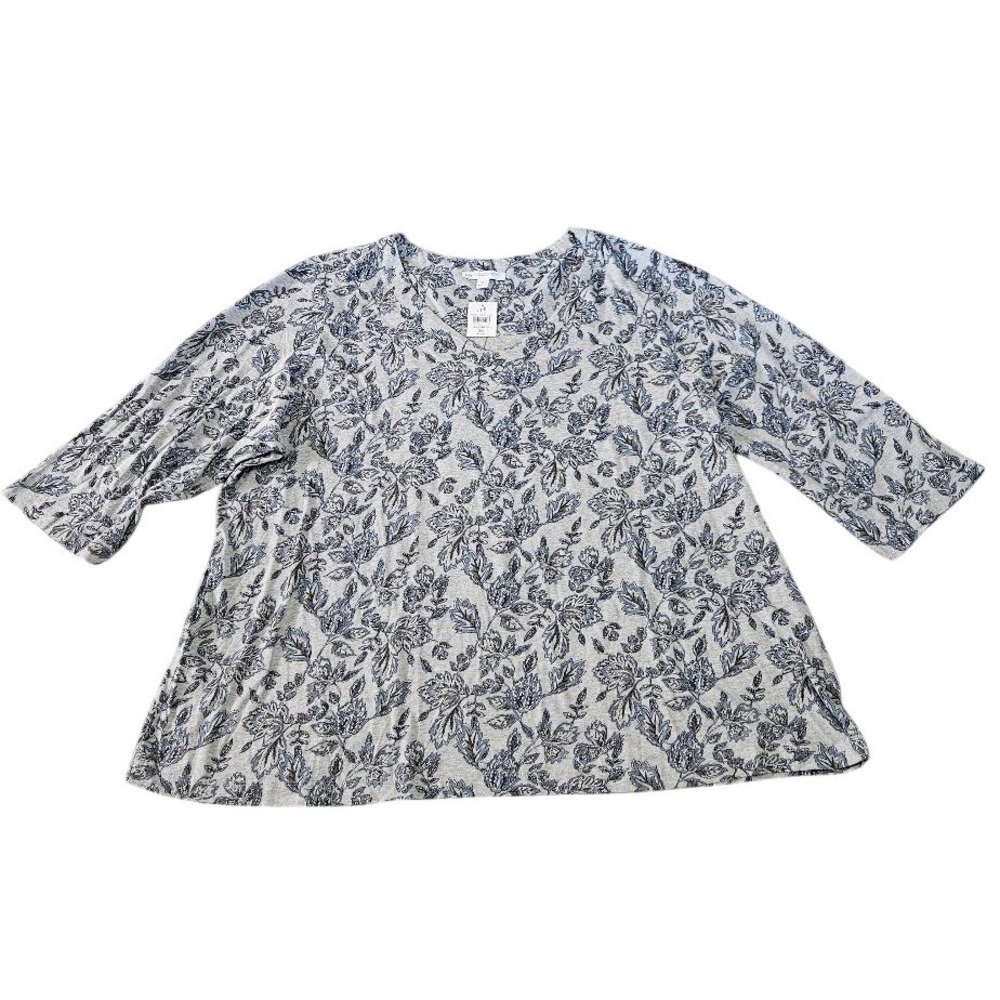 Pure Jill J.Jill Blue Grey Floral Organic Cotton V-Neck Top Women 3X New